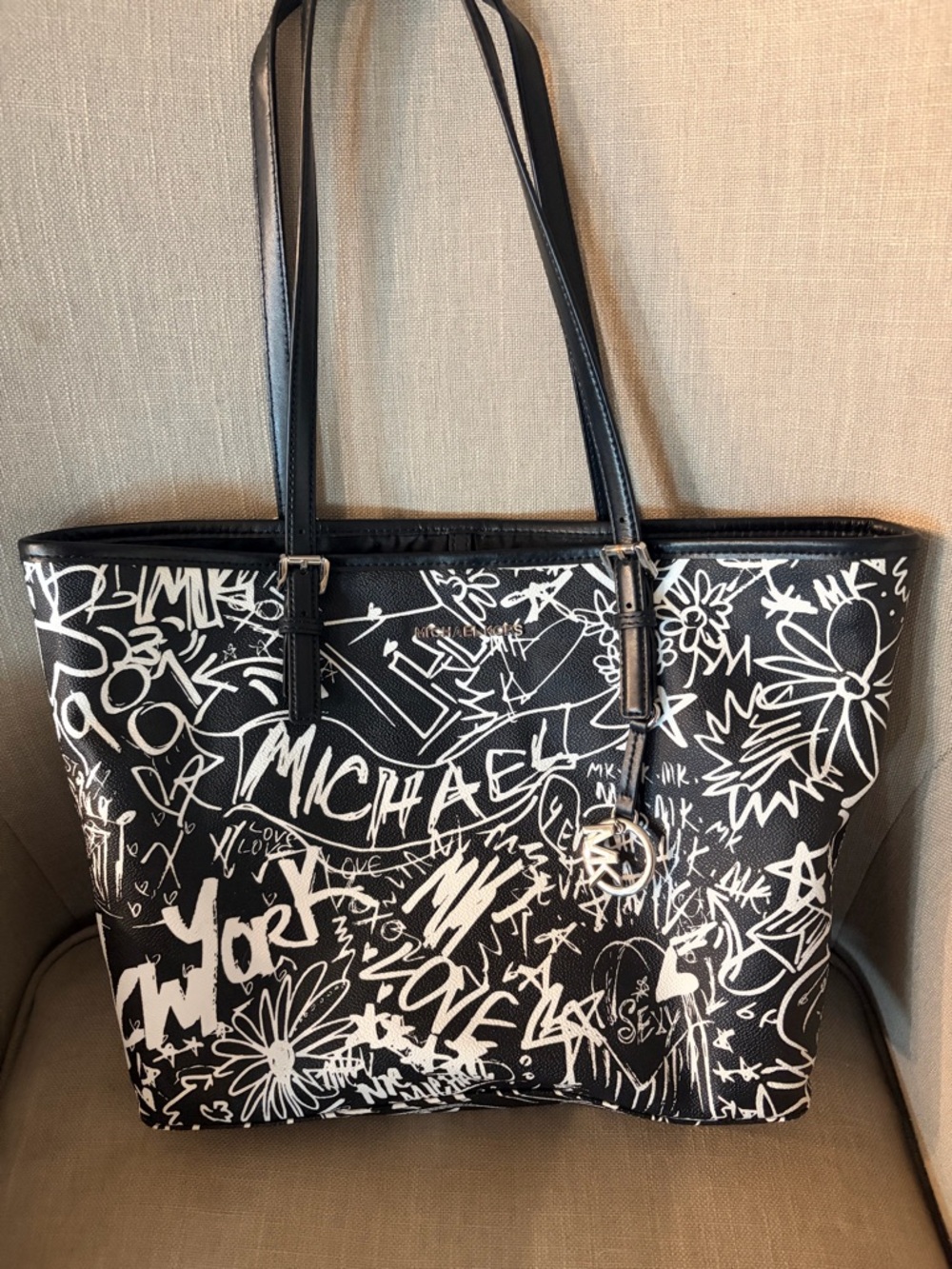 Michael Kors Black and White Graffiti Print Tote - Picture 2 of 6